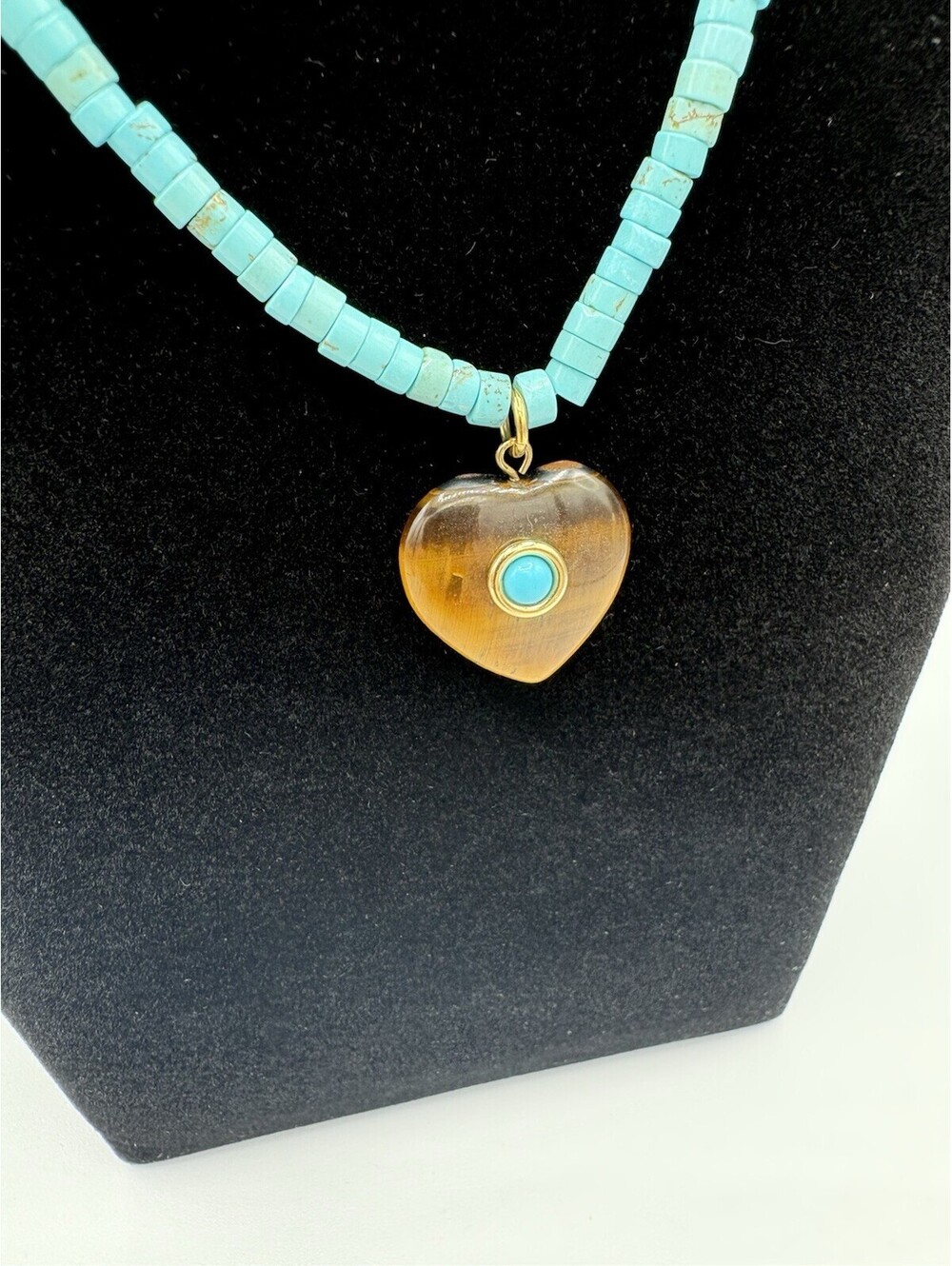 Mayamar Turquoise Beaded w/Tiger's Eye Stone Heart Necklace 18" (NEW) 24K Plated - Picture 2 of 10